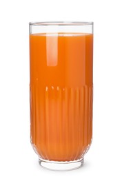 Photo of Glass of tasty fresh carrot juice isolated on white