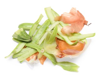 Peels of fresh vegetables isolated on white, above view