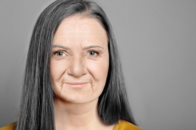 Image of Portrait of senior woman on light grey background