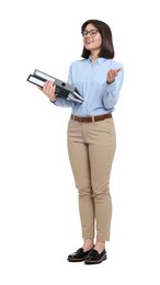 Happy businesswoman woman with folders on white background