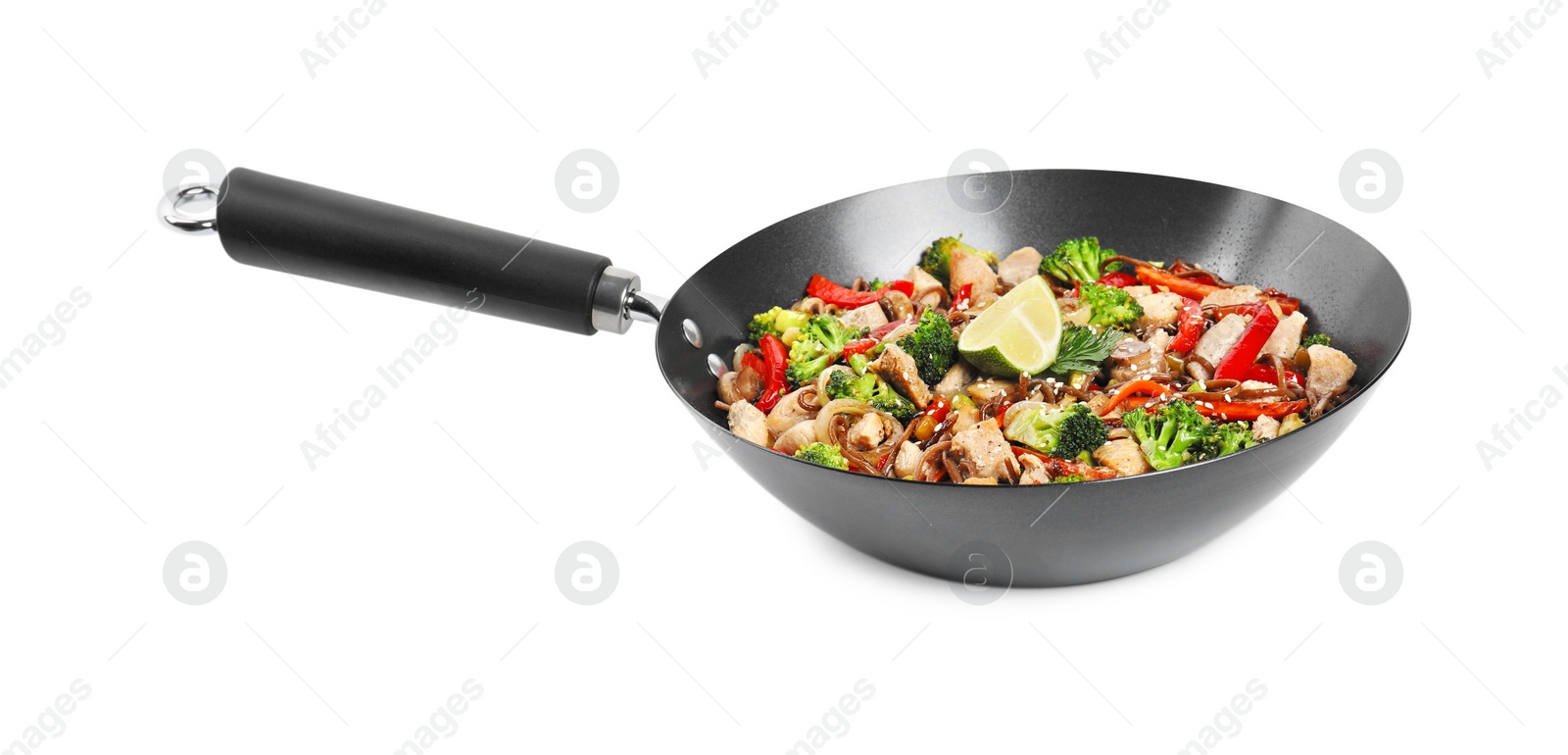 Photo of Stir-fry. Tasty noodles with meat and vegetables in wok isolated on white