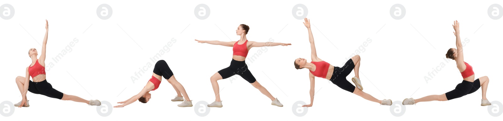 Image of Young woman practicing yoga on white background. Collage with different asanas