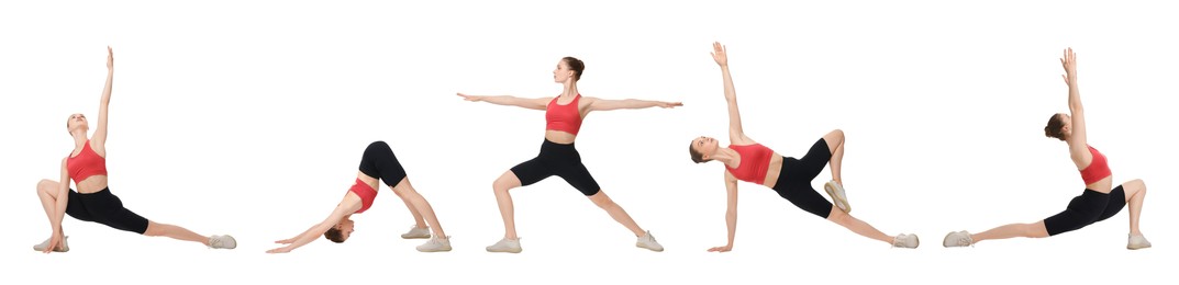 Young woman practicing yoga on white background. Collage with different asanas