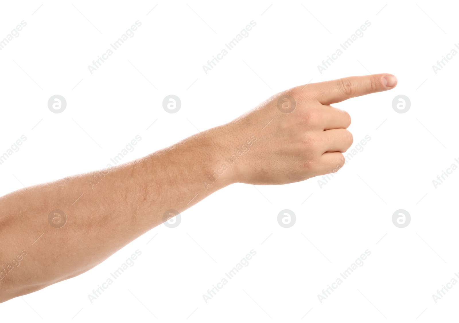 Photo of Man pointing at something on white background, closeup of hand