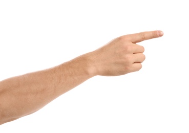 Photo of Man pointing at something on white background, closeup of hand