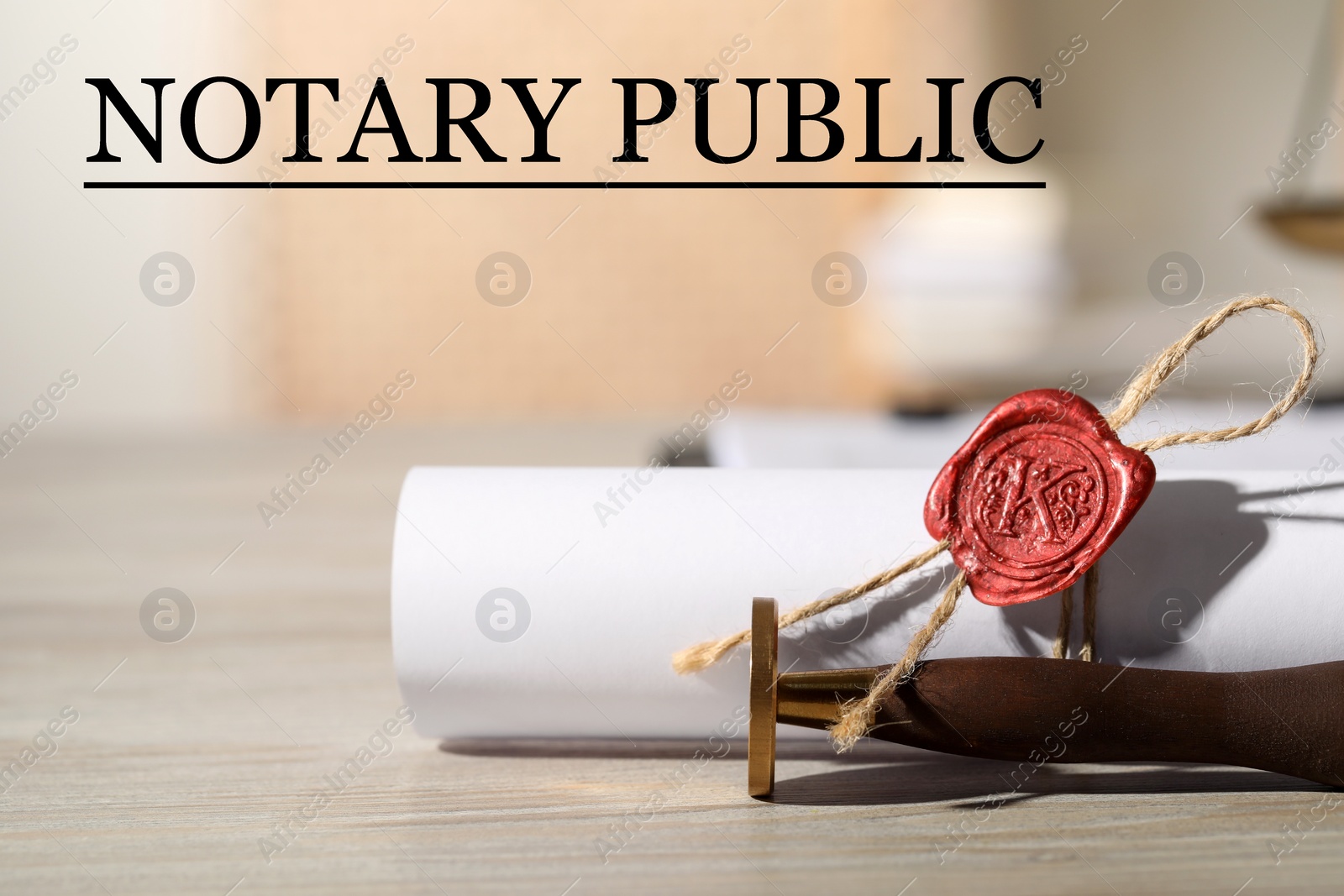 Image of Public notary. Document with wax stamp on wooden table, closeup