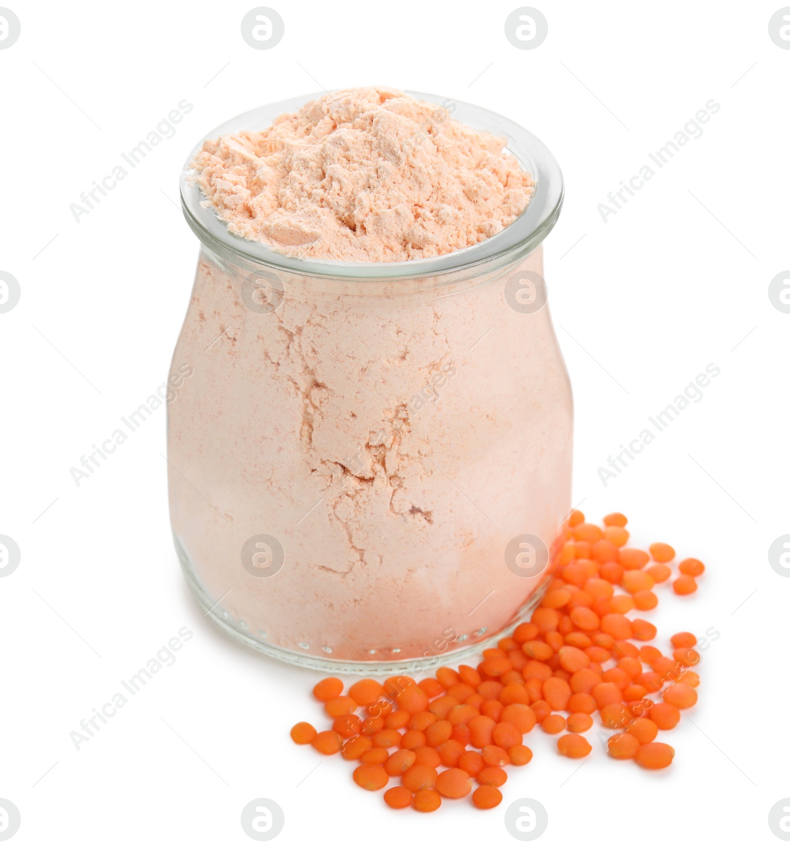 Photo of Lentil flour in glass jar and seeds isolated on white