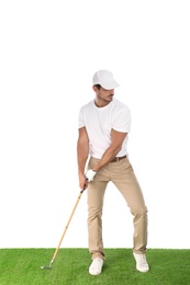 Photo of Young man playing golf on white background