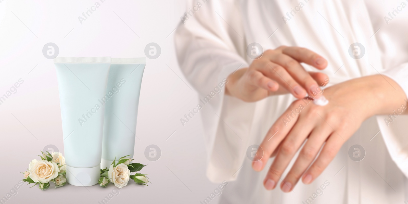 Image of Woman applying cream and tubes of hand care cosmetic products on white background, closeup