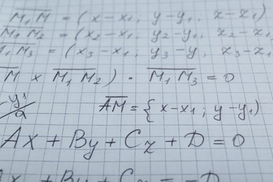 Photo of Sheet of paper with different mathematical formulas, closeup