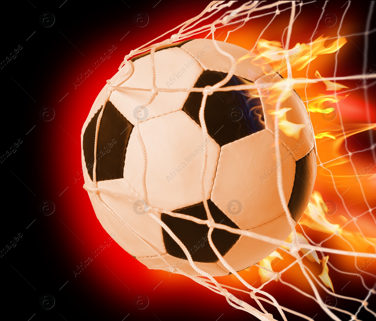 Image of Soccer ball with fire in net on color background