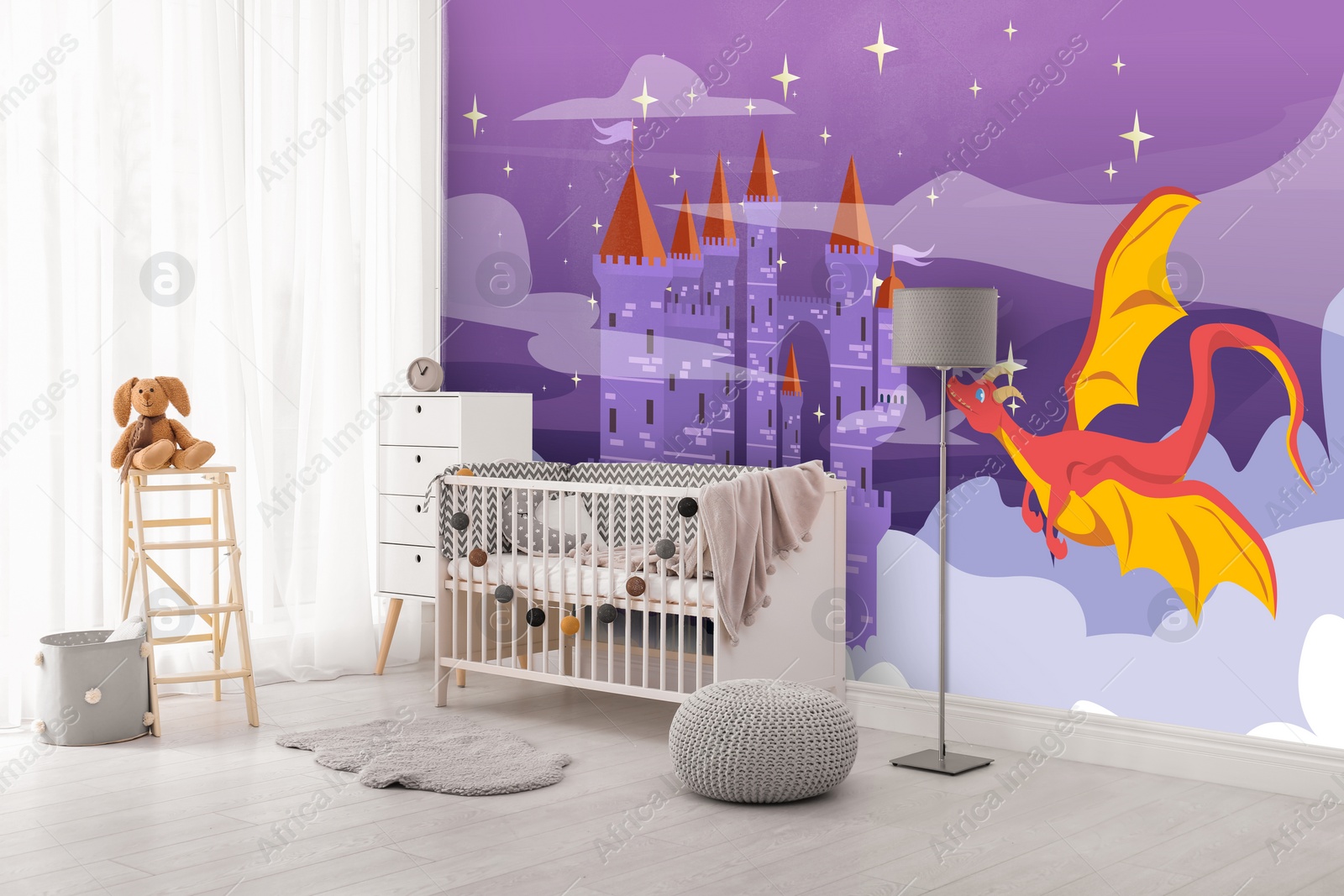 Image of Kid's room interior with crib and decor. Fairytale themed wallpapers with castle and dragon
