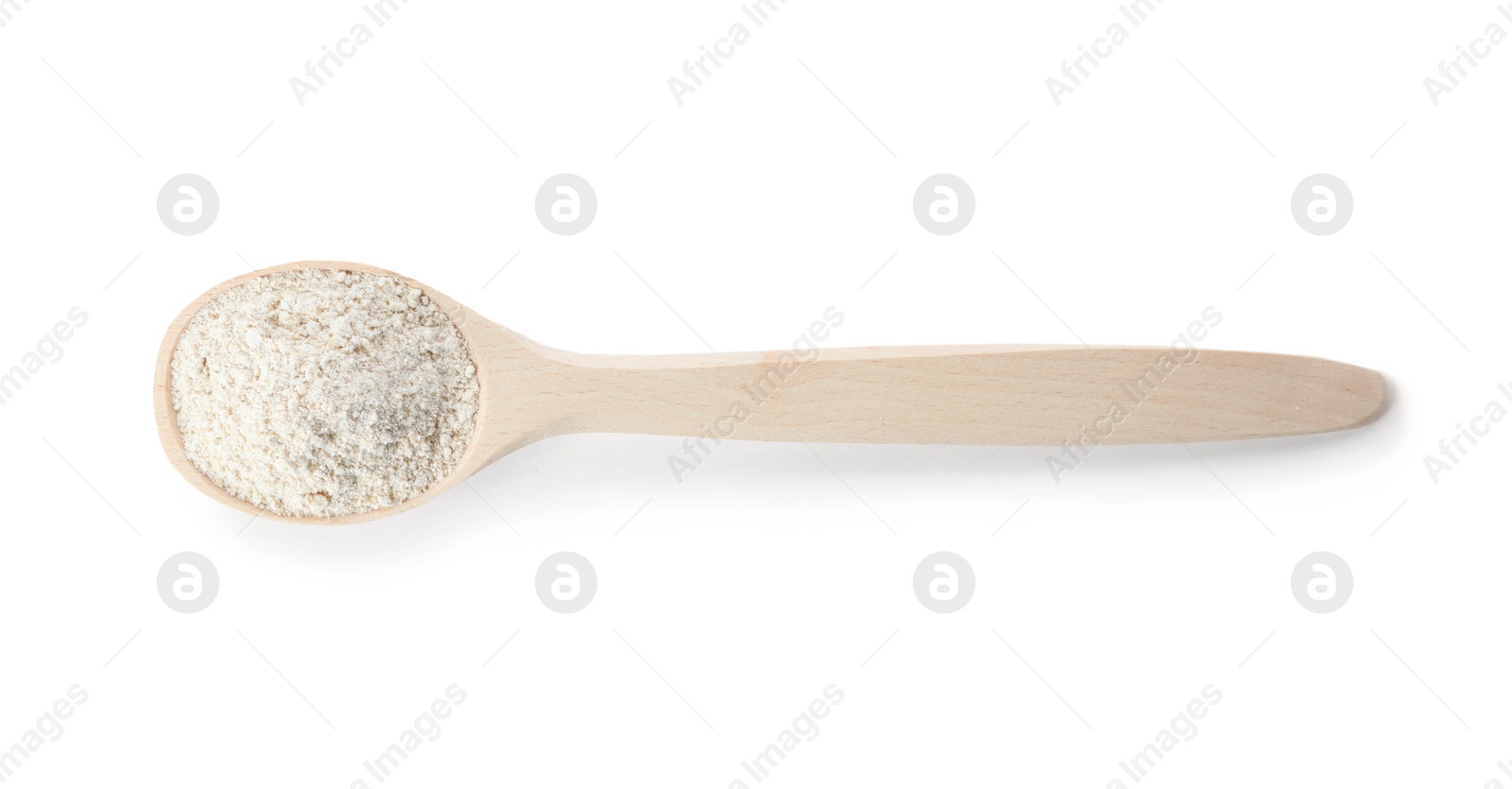 Photo of Spoon of oat flour isolated on white, top view