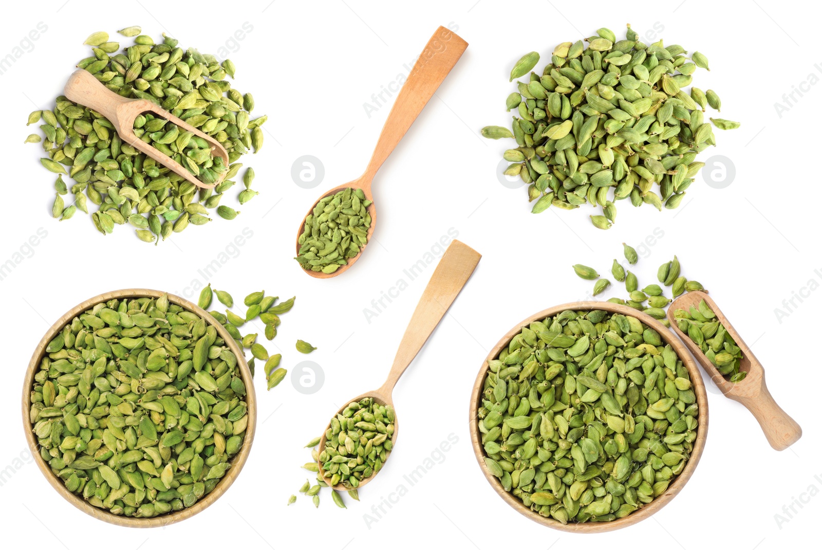 Image of Set with cardamom seeds on white background, top view