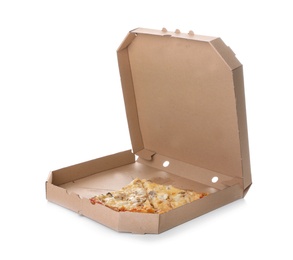 Cardboard box with pizza pieces on white background