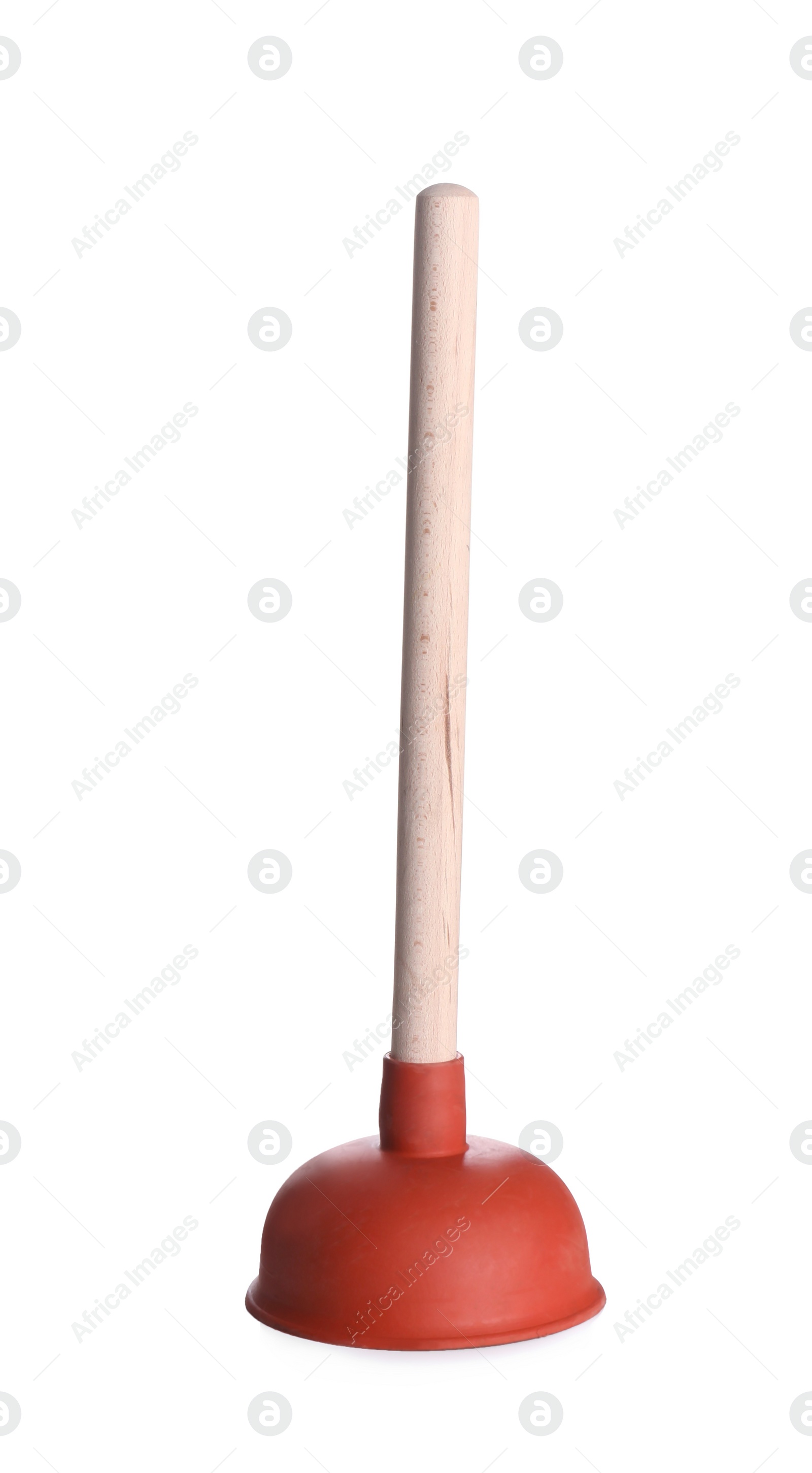 Photo of Plunger with wooden handle isolated on white. Pipe cleaning tool