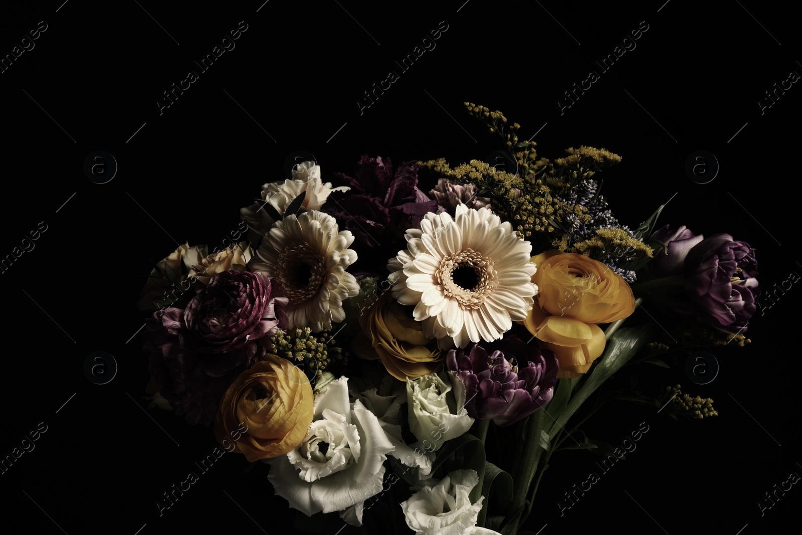 Photo of Beautiful bouquet of different flowers on black background. Floral card design with dark vintage effect