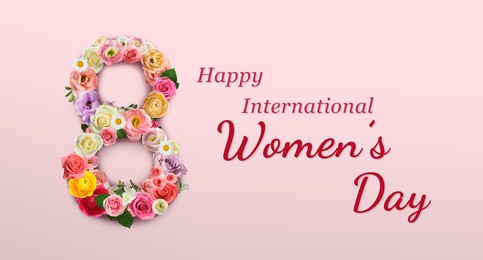 Image of Happy International Women's Day greeting card design with number 8 of beautiful flowers on pink background