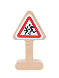 Wooden road sign isolated on white. Children's toy