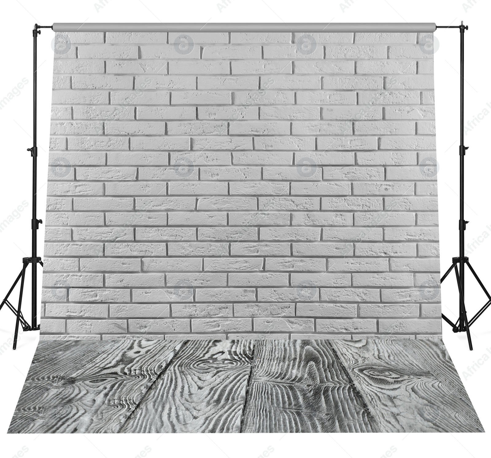 Image of Photo background with white brick wall and wooden floor. Professional studio equipment