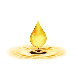 Image of Drop of cooking oil falling into oil on white background