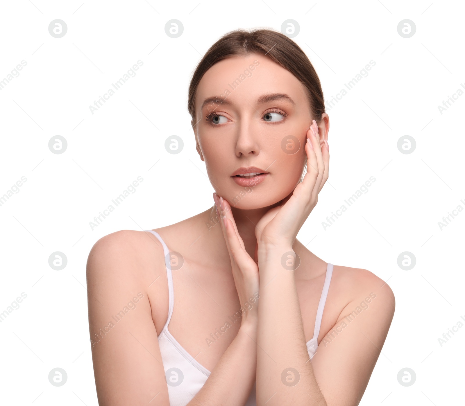 Photo of Beautiful woman with healthy skin on white background