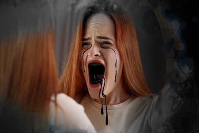 Image of Suffering from hallucinations. Woman seeing herself with black fluid leaking from eyes and crooked mouth