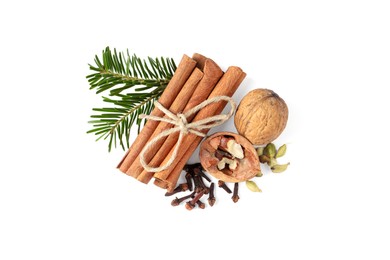 Photo of Different spices, nuts and fir branches on white background, top view