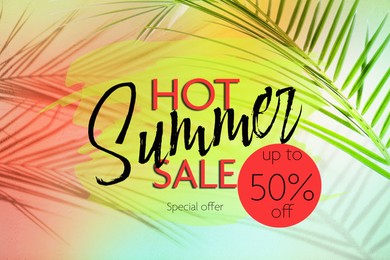 Image of Hot summer sale flyer design with colorful palm leaves