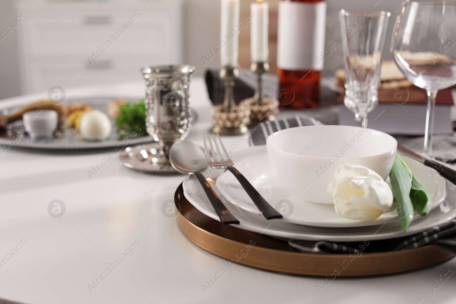 Photo of Festive Passover table setting, space for text. Pesach celebration