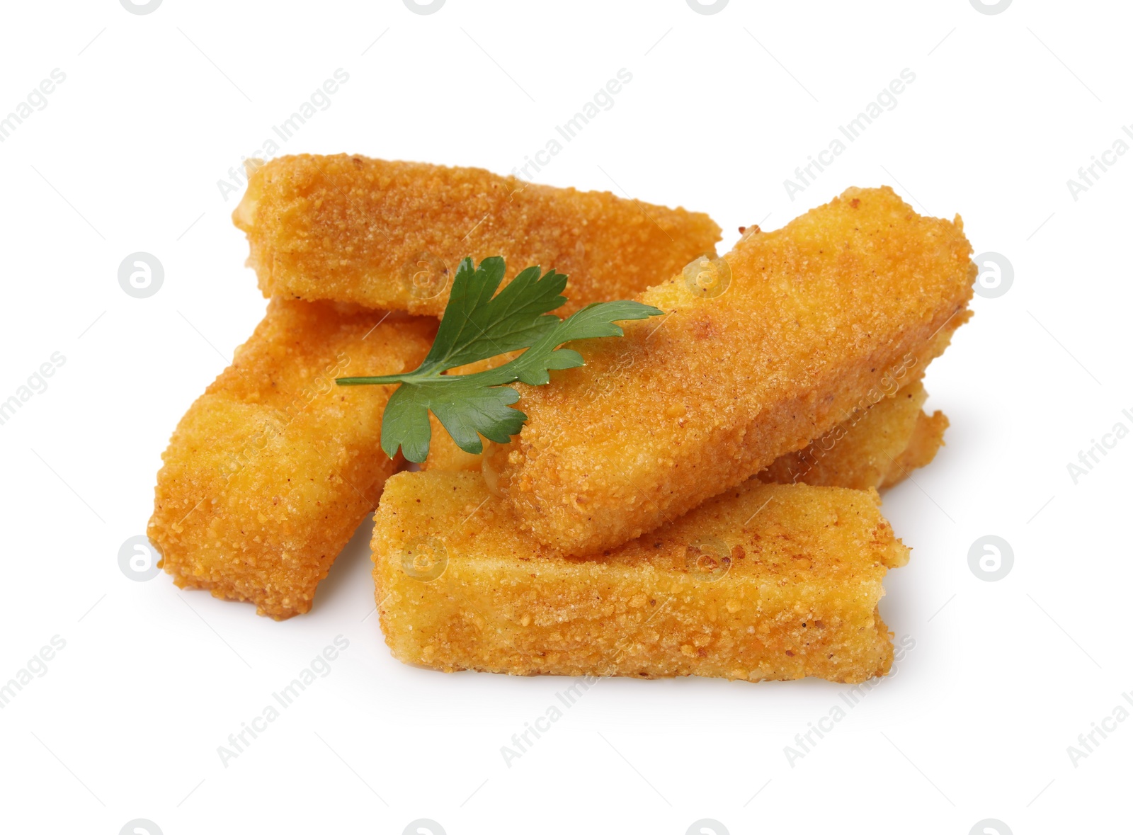 Photo of Pile of tasty fried mozzarella sticks and parsley isolated on white