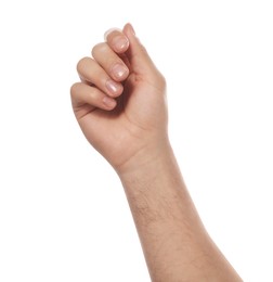 Photo of Man holding something on white background, closeup