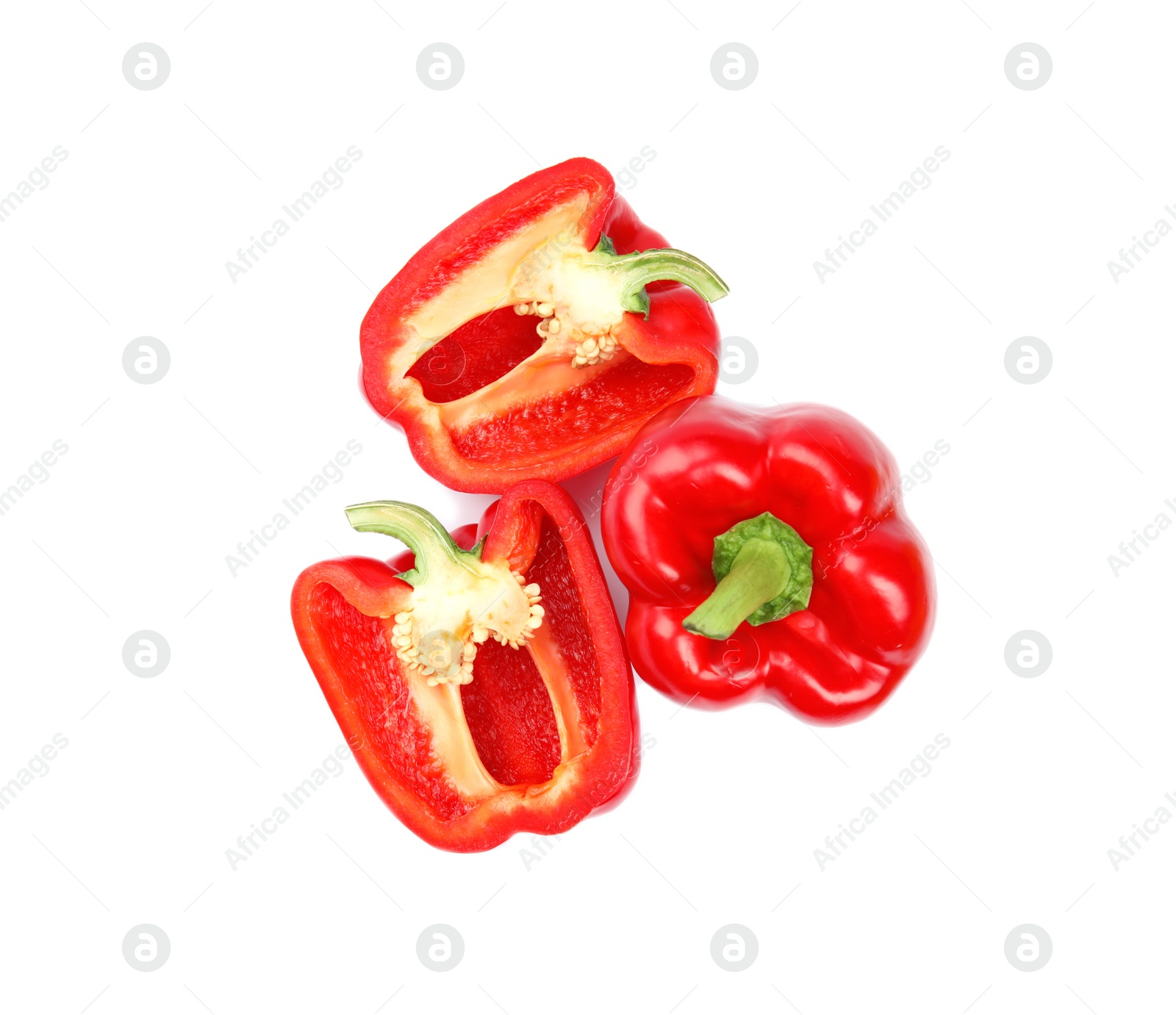 Photo of Whole and cut red bell peppers on white background, top view