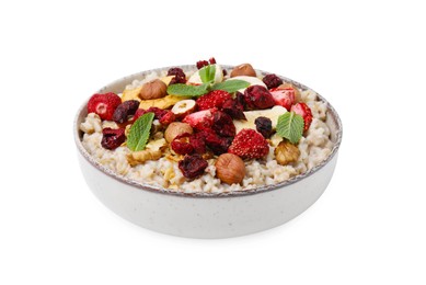 Photo of Oatmeal with freeze dried fruits, nuts and mint isolated on white