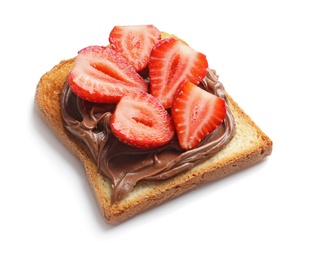 Photo of Toast bread with chocolate spread and strawberry on white background