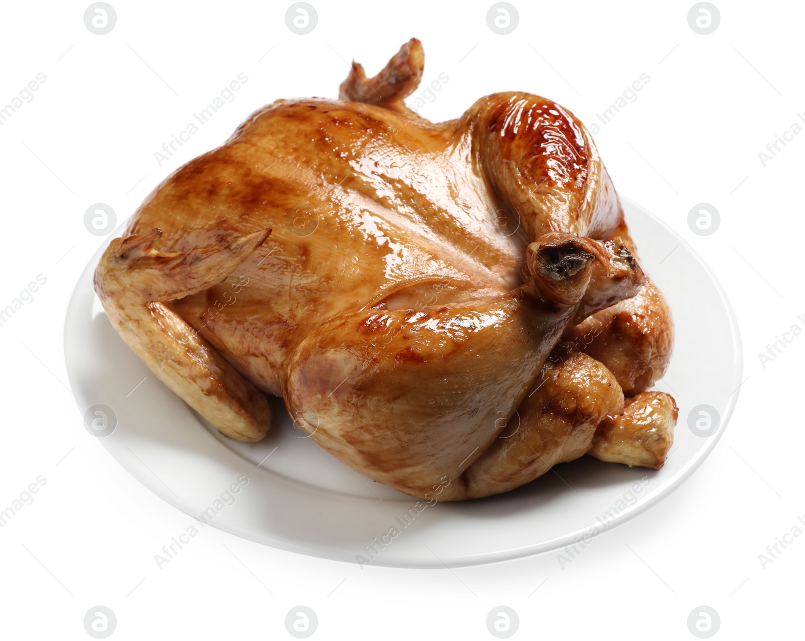 Photo of One tasty roasted chicken isolated on white