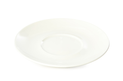 Photo of Clean empty ceramic saucer isolated on white