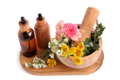 Photo of Bottles of essential oil and wooden mortar with different flowers on white background