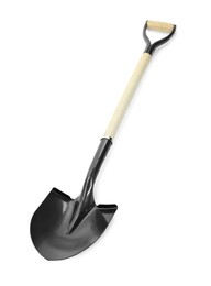 Photo of One new shovel with wooden handle isolated on white. Gardening tool