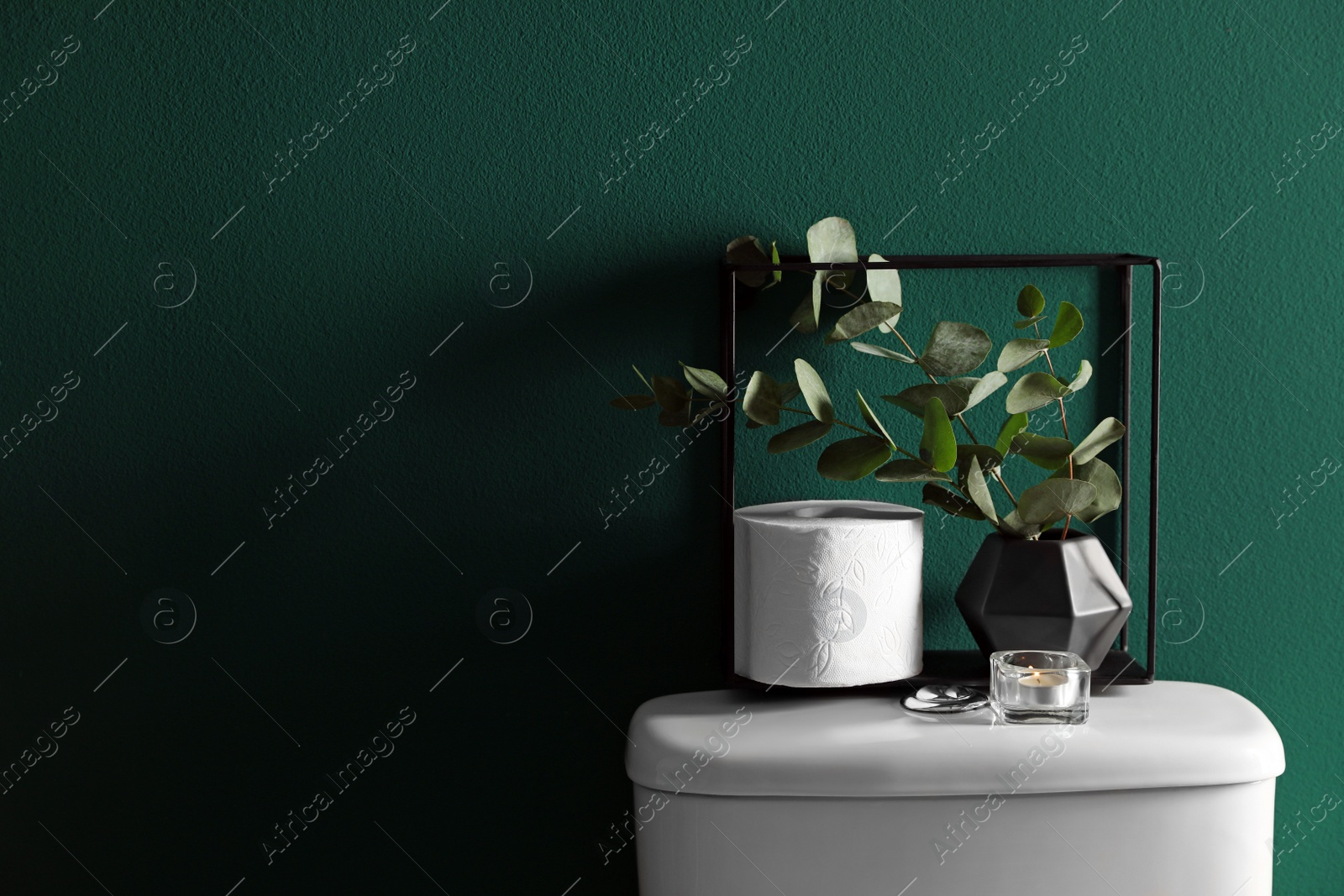 Photo of Decor elements and paper roll on toilet tank near green wall, space for text. Bathroom interior