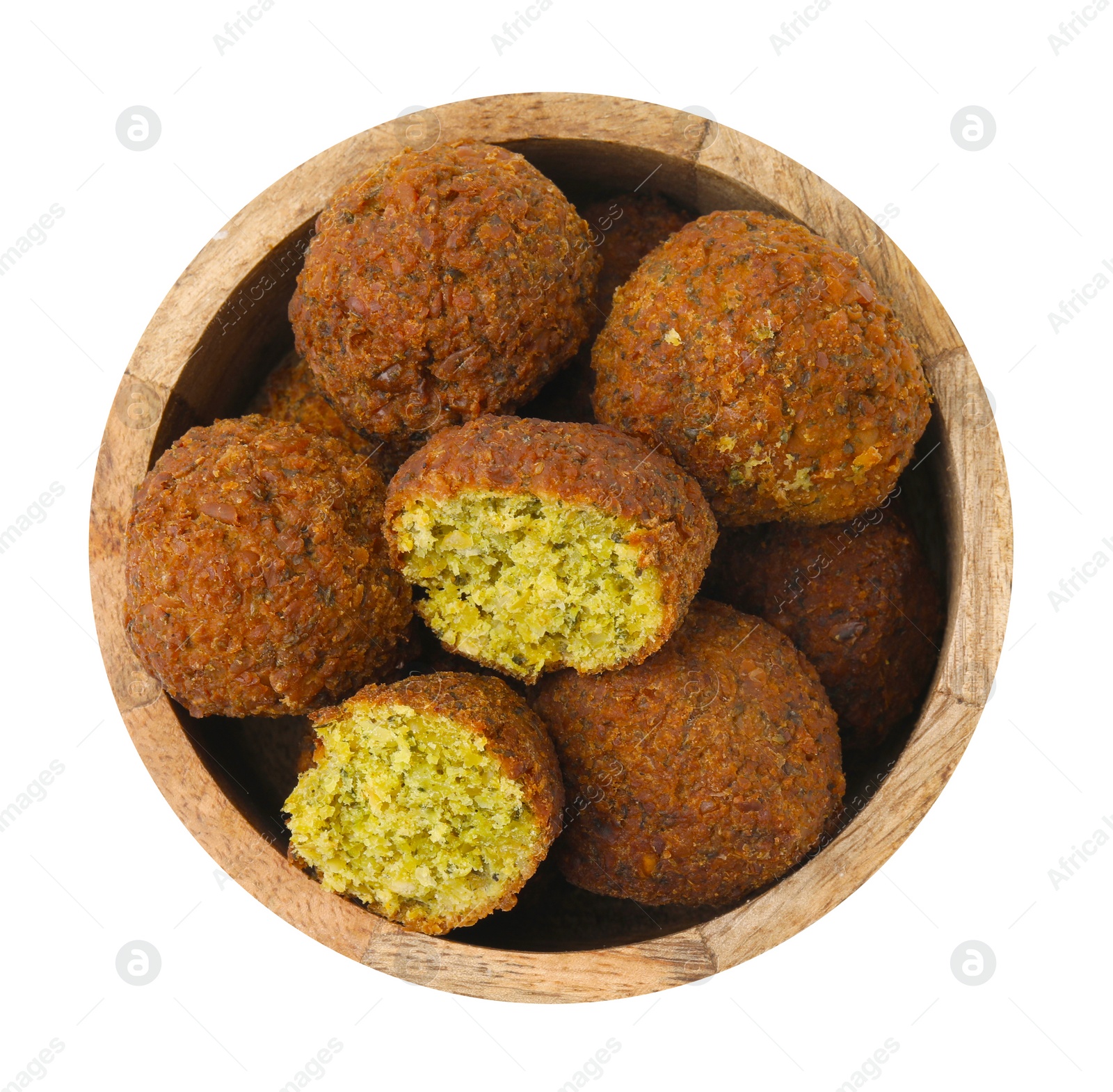 Photo of Delicious falafel balls in bowl isolated on white, top view