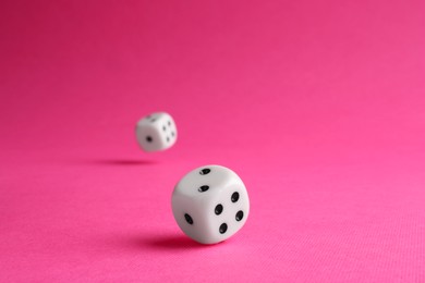 Photo of Two white game dices falling on pink background, closeup. Space for text