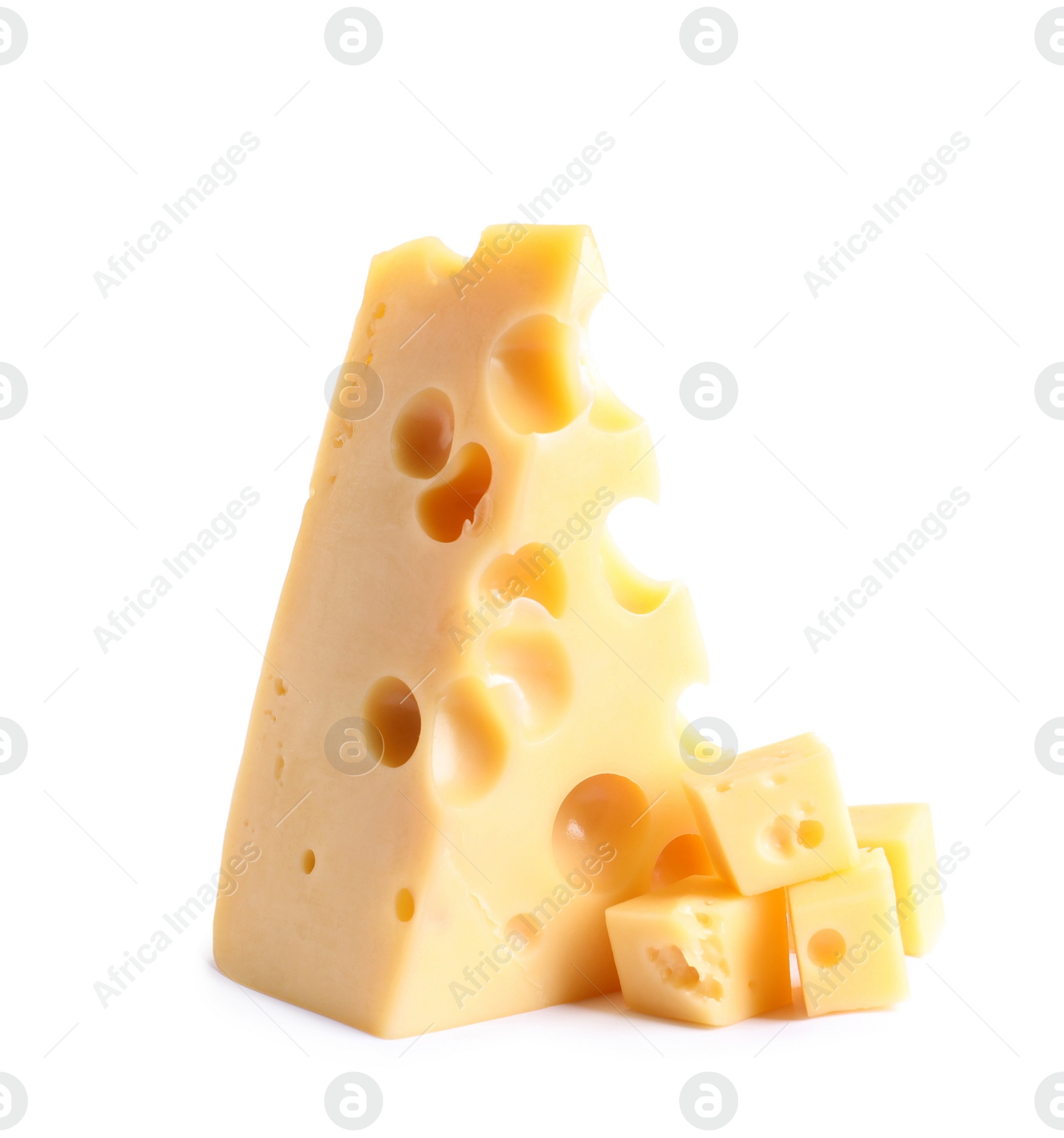 Photo of Pieces of cheese with holes on white background