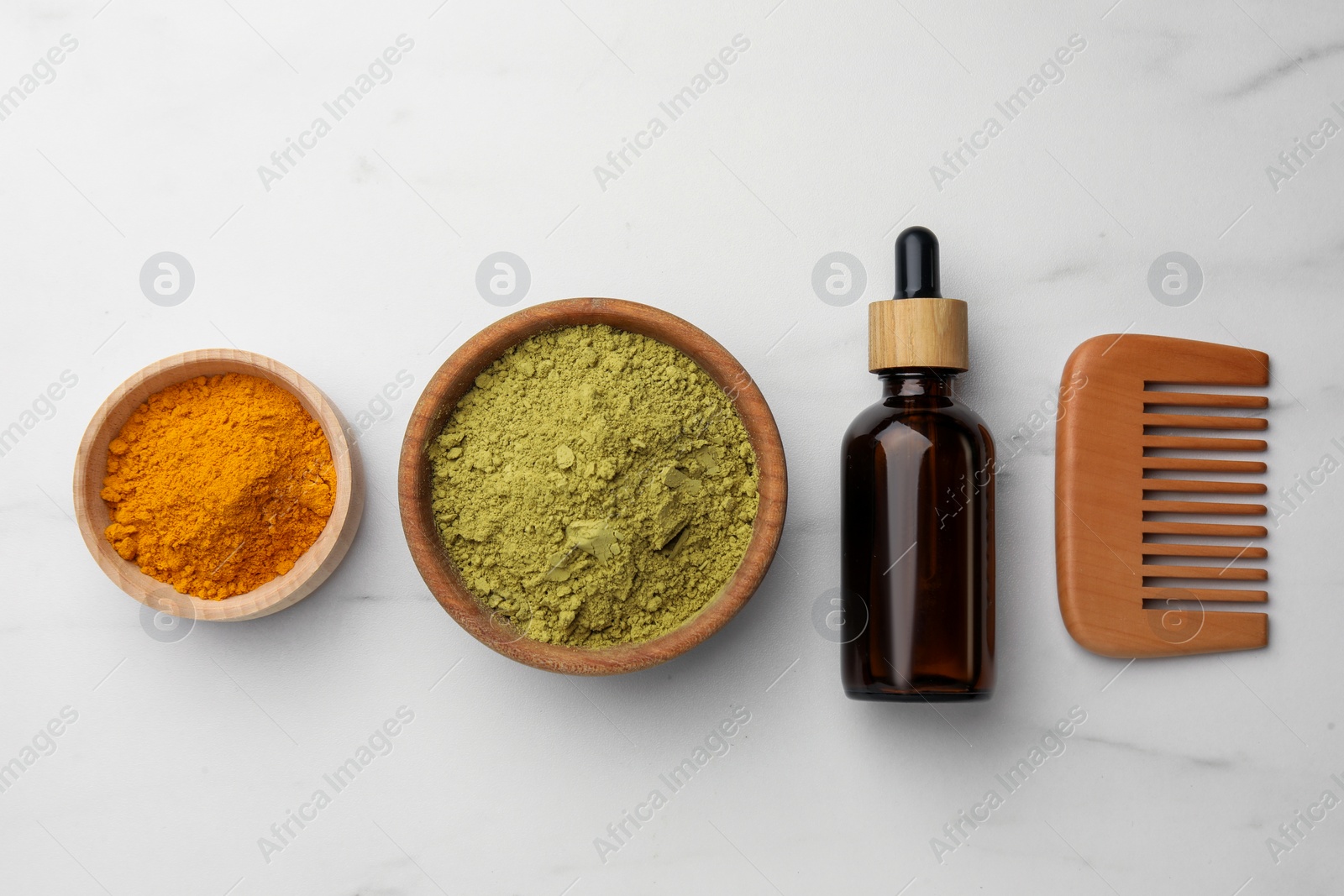 Photo of Flat lay composition with henna and turmeric powder on white marble table