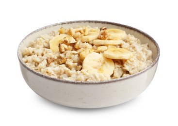 Tasty oatmeal with banana and walnuts in bowl isolated on white