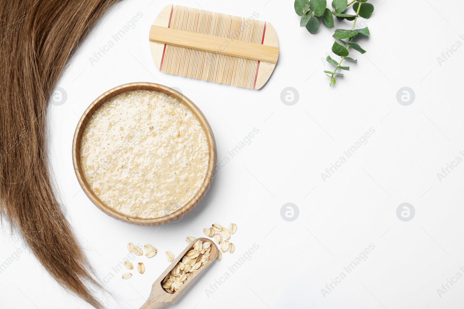 Photo of Flat lay composition with homemade hair mask and ingredients on white background. Space for text