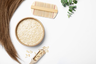 Flat lay composition with homemade hair mask and ingredients on white background. Space for text