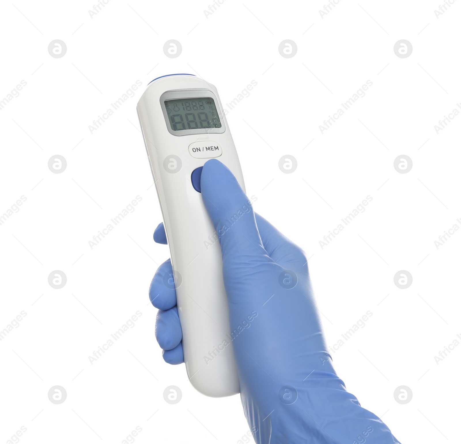 Photo of Doctor in latex gloves holding non contact infrared thermometer on white background, closeup. Measuring temperature