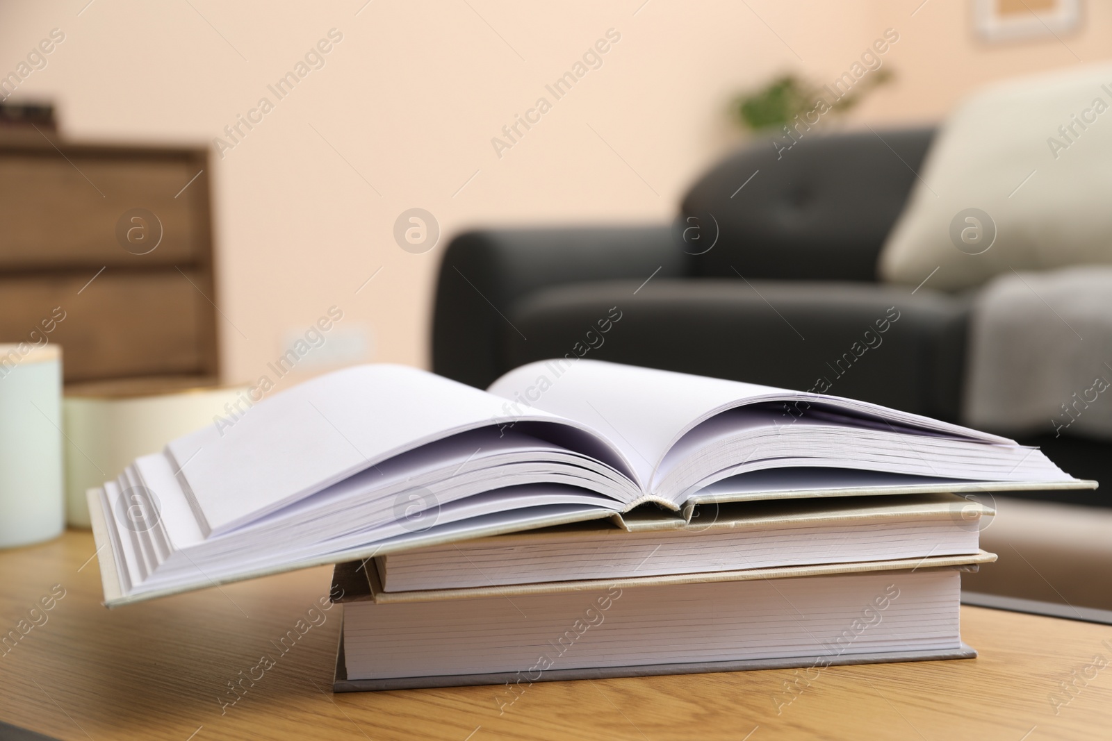 Photo of Books on wooden table in living room