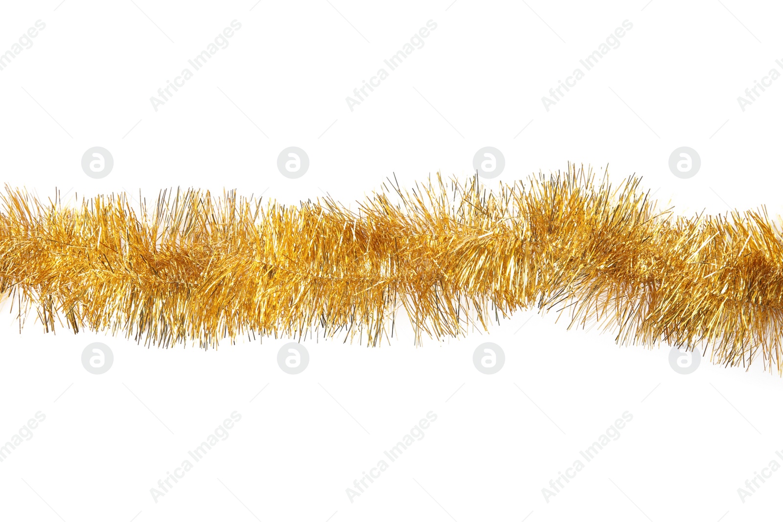 Photo of Shiny golden tinsel isolated on white, top view